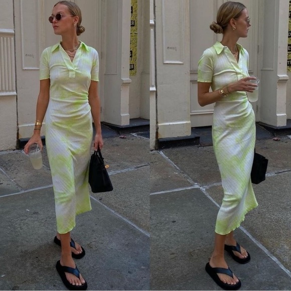 Helmut Lang Polo Midi Dress - Green Batic Tie Dye Draped Cotton Rib - Medium - Picture 10 of 10